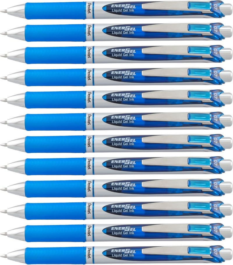 Pentel أقلام جل EnerGel RTX، رأس معدني 0.7 مم، أسود/فضي، حبر أزرق، علبة من 12 (BL77-C) - Image 1